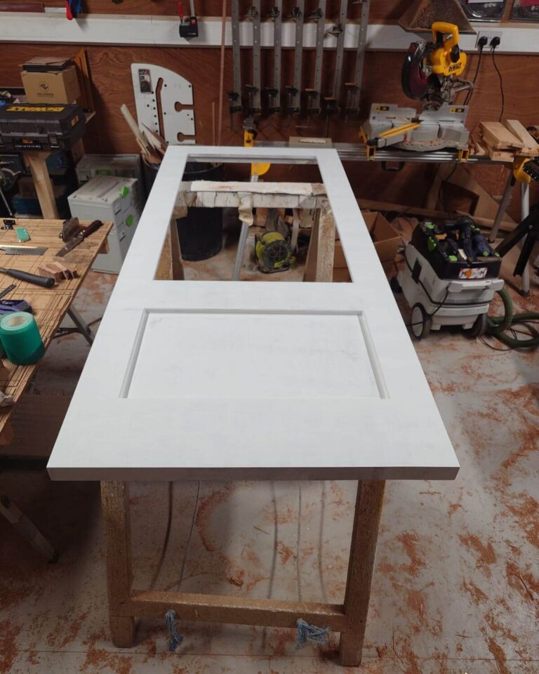 Shaker style timber door in production